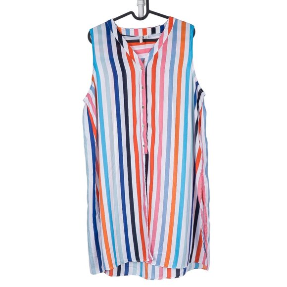 Cato Other - Retro Striped Tunic Top XL Swim Cover Up Colorful Long Sleeveless Buttons Summer